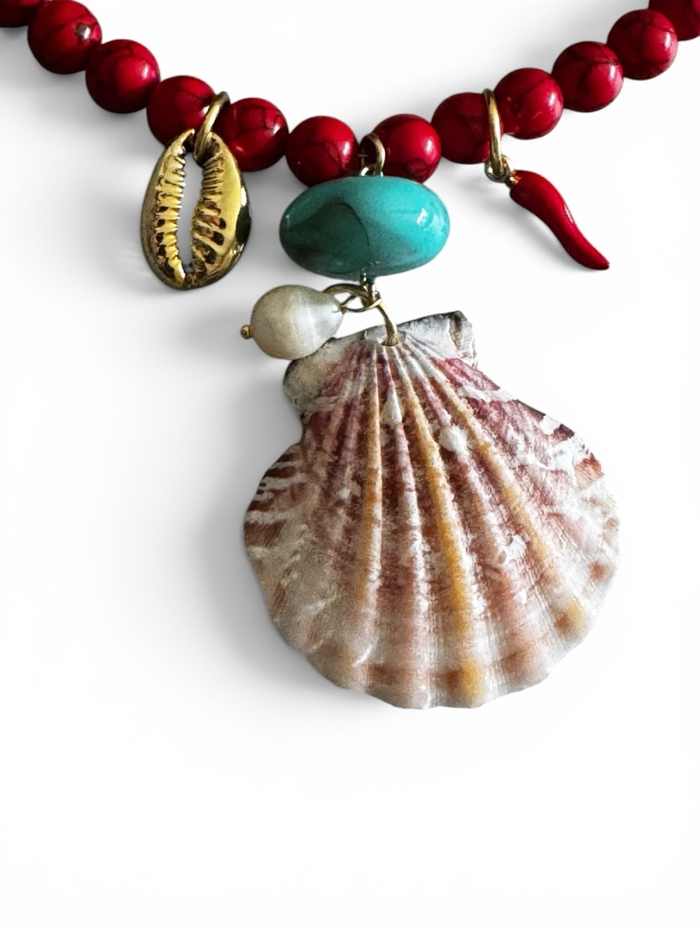 Red Real Coral Beaded Shell Pendant Necklace with Turquoise Accent
